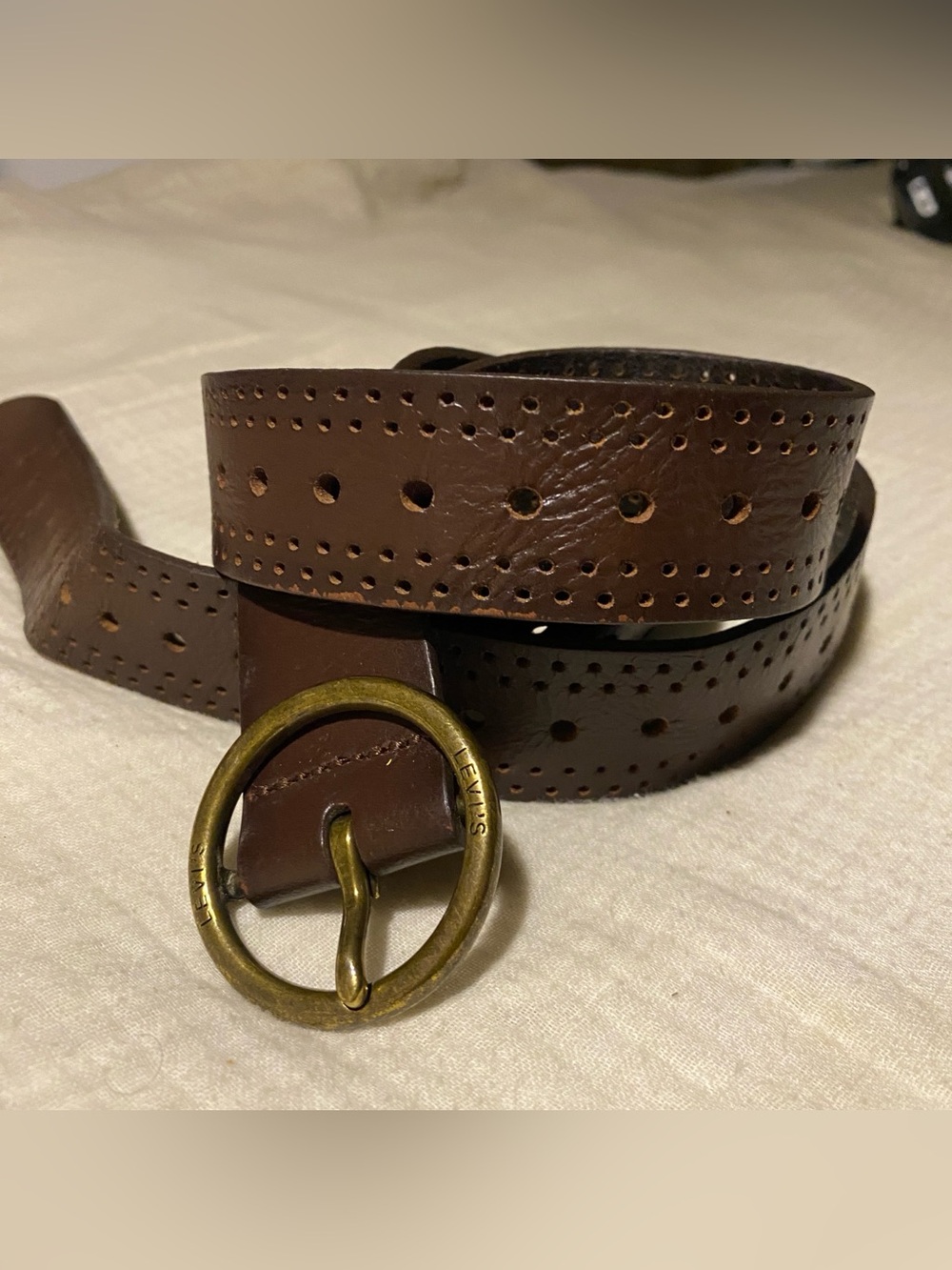 Levi's Brown Perforated Leather womens Belt  Brass Buckle XL western boho
